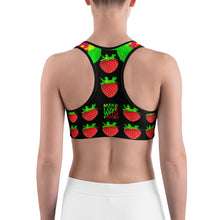 Load image into Gallery viewer, black strawberry yoga sports bra on woman back