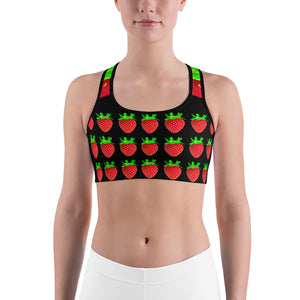 black strawberry yoga sports bra on woman front