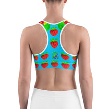 Load image into Gallery viewer, blue strawberry yoga sports bra on woman back