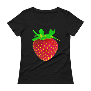 Strawberry Women's Scoopneck Cotton T Shirt Black Front