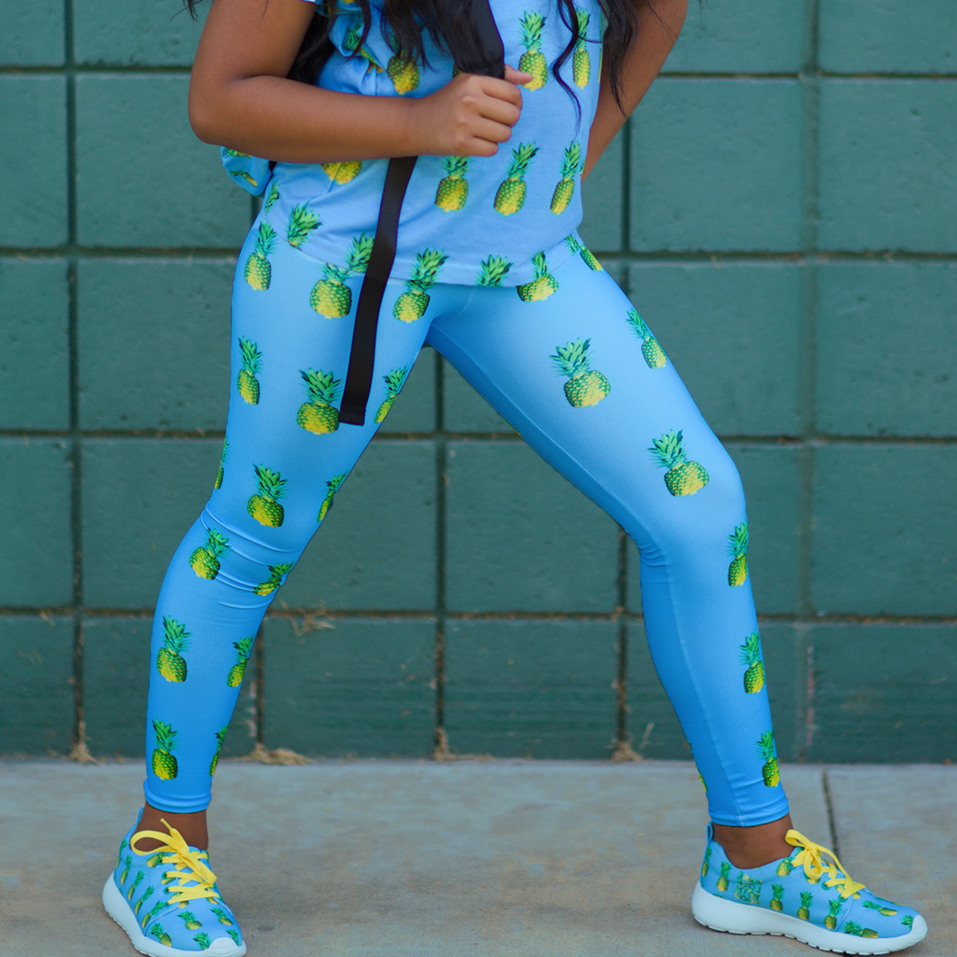 Pineapple Youth and Kids Leggings Blue front