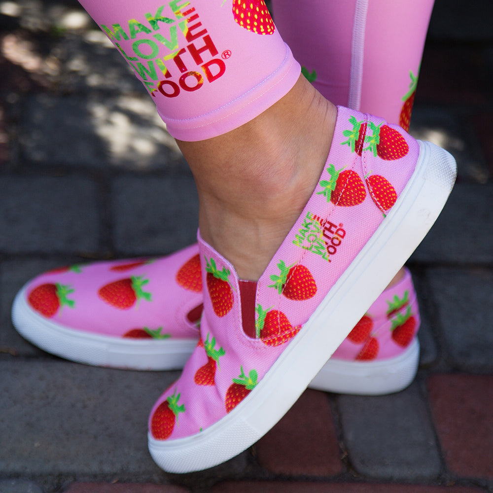 pink strawberry slip-on women's shoes by make love with food