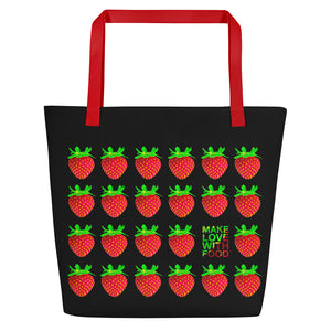 Black Strawberry Women's Large Beach Bag