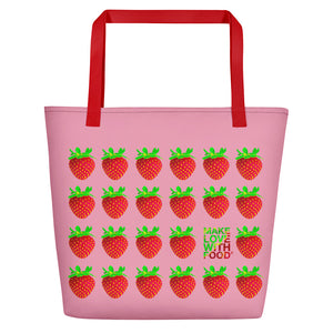 Pink Strawberry Women's Large Beach Bag