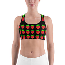 Load image into Gallery viewer, black strawberry yoga sports bra on woman front