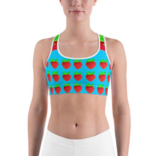 Load image into Gallery viewer, blue strawberry yoga sports bra on woman front