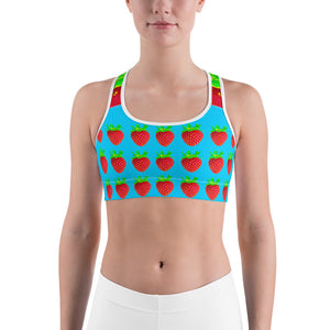 blue strawberry yoga sports bra on woman front