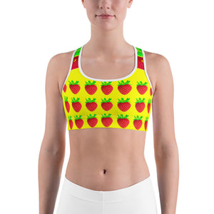 yellow strawberry yoga sports bra on woman front
